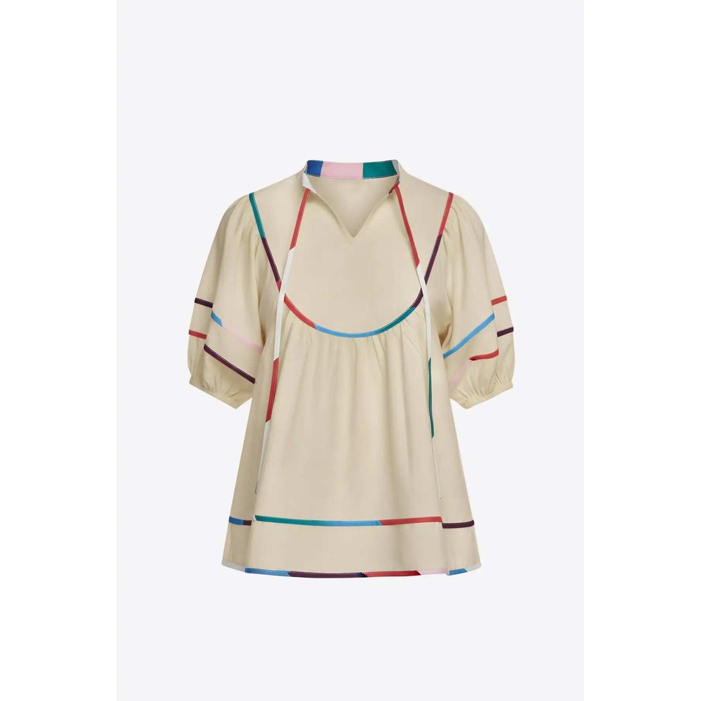 Cicy Bell Cream Babydoll Top Multicolor Ribbon Trim Puff Sleeve